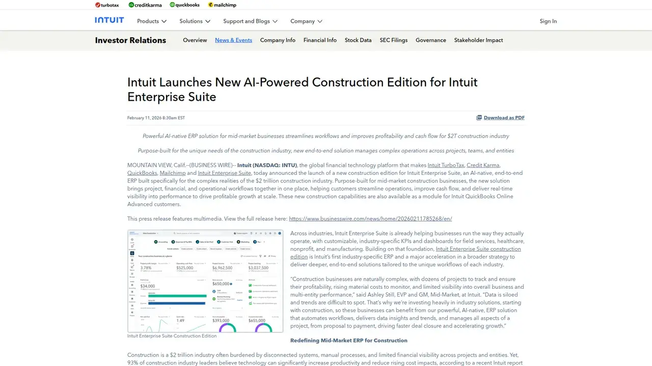 Intuit Enterprise Suite Construction Edition preview 1